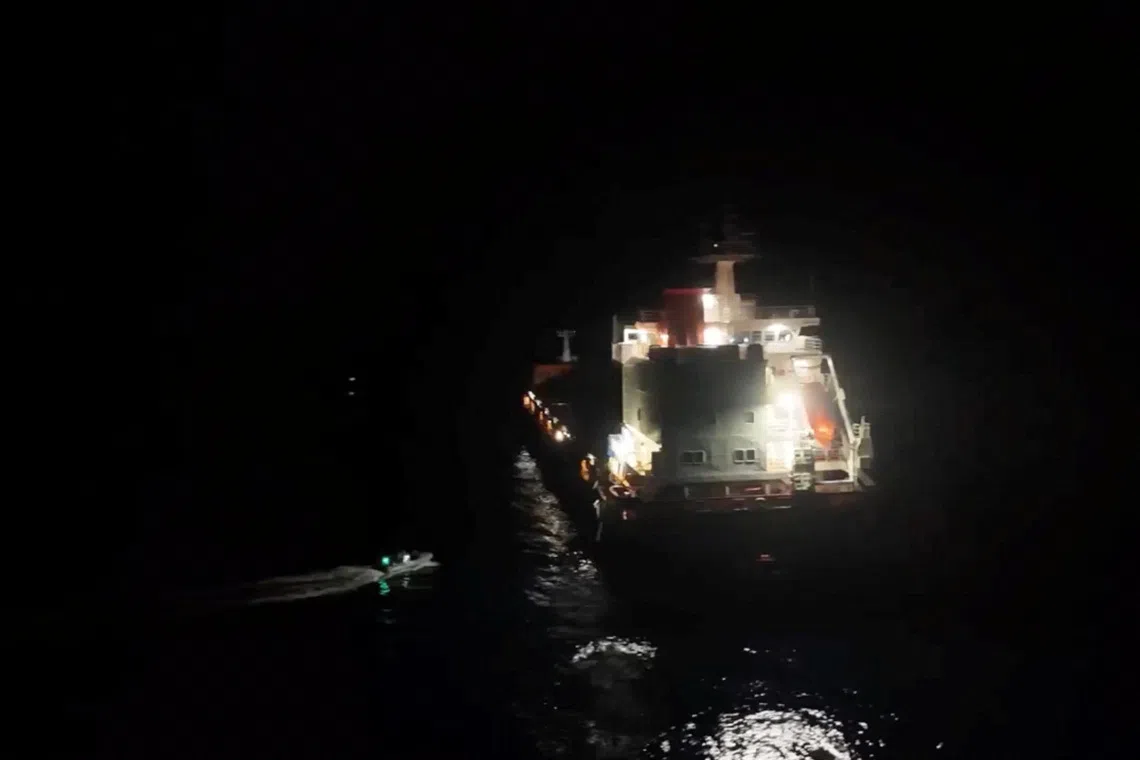 Personnel from EU maritime mission Eunavfor Aspides' carry out rescue operation following an attack by Yemen's Houthi on the Dutch-flagged general cargo ship Minervagracht, which caught fire in the Gulf of Aden on Monday, in this screengrab taken from handout video released on September 30, 2025. Eunavfor Aspides via X/Handout via REUTERS