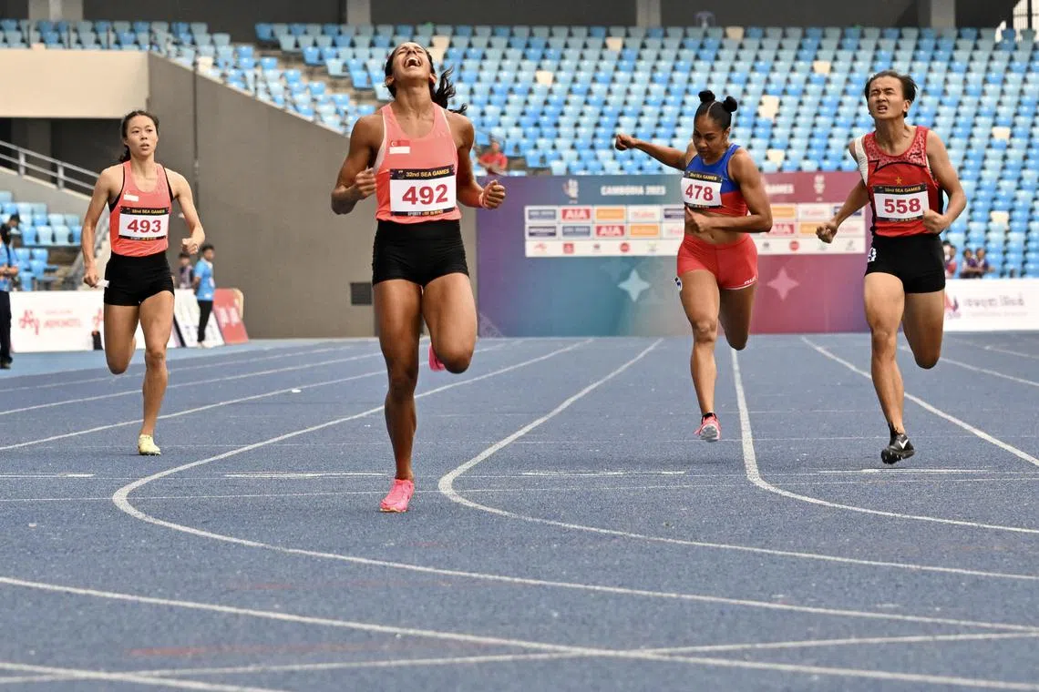 Shanti Pereira (second left) winning the women's 200m final at the SEA Games in Cambodia on May 8, 2023.