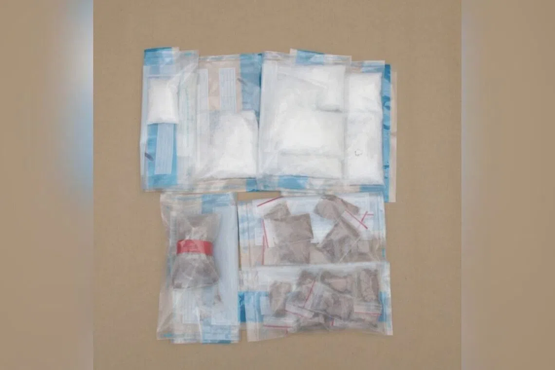 Drugs, including heroin, Ice and cannabis, recovered during an anti-drug operation at a residential unit near Punggol Field on Aug 17.