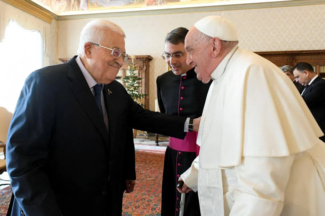 Palestinian President Mahmoud Abbas meets Pope Francis at the Vatican, December 12, 2024. Vatican Media/­Handout via REUTERS