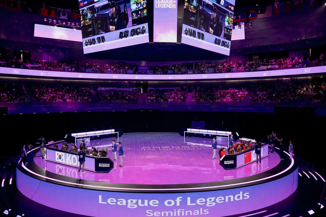 Team Korea (left) and Team China (right) in action during the League of Legends e-gaming semi-final, at the 19th Asian Games in Hangzhou, on Sept 28, 2023.