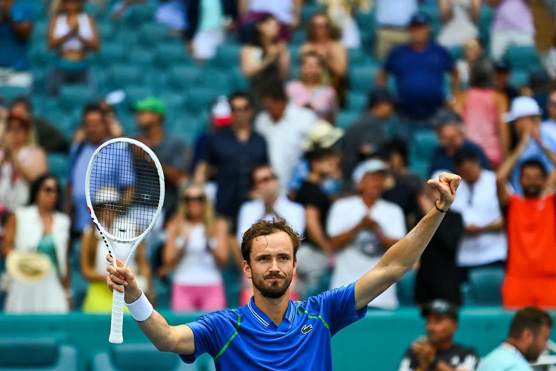 Russia's Daniil Medvedev celebrates winning against Christopher Eubanks of the US.