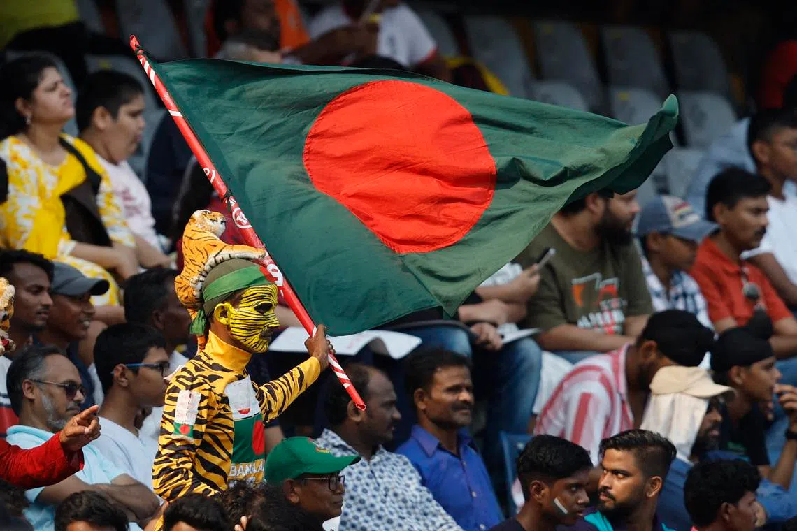 FILE PHOTO: Cricket - ICC Cricket World Cup 2023 - South Africa v Bangladesh - Wankhede Stadium, Mumbai, India - October 24, 2023  A Bangladesh fan with a flag in the stands REUTERS/Francis Mascarenhas/ File Photo