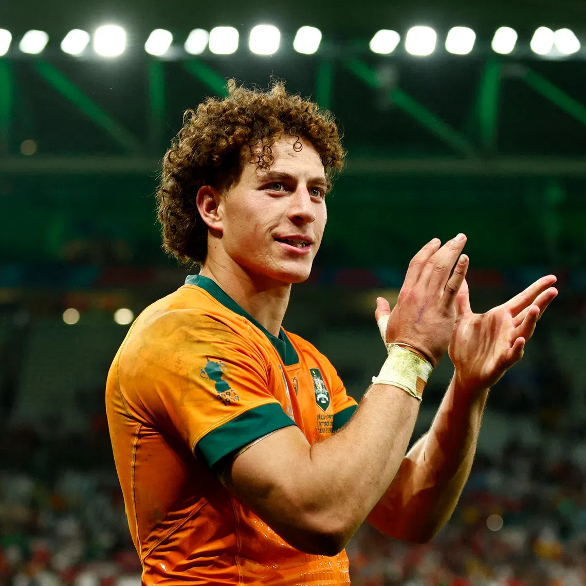 Rugby Union - Rugby World Cup 2023 - Pool C - Australia v Portugal - Stade Geoffroy-Guichard, Saint-Etienne, France - October 1, 2023  Australia's Mark Nawaqanitawase celebrates after the match REUTERS/Gonzalo Fuentes
