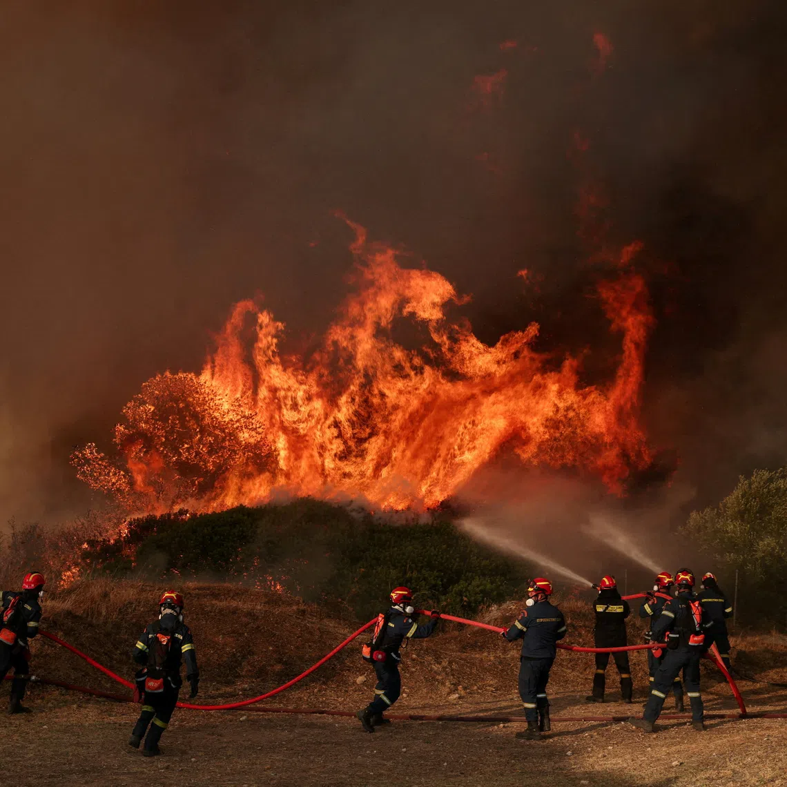 FILE PHOTO: Firefighters work on a burning area near Loumpa, as wildfires hit West Attica, Greece, August 3, 2026. REUTERS/Louisa Gouliamaki/File Photo