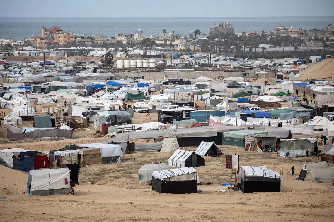 Tents set up by displaced Palestinians near the border with Egypt in Rafah in the southern Gaza Strip.