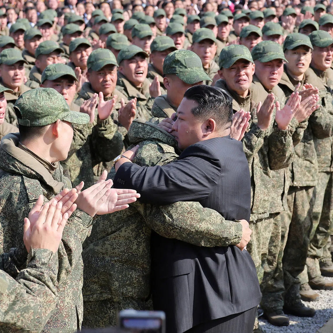North Korean leader Kim Jong Un greets attendees at the groundbreaking ceremony for the Overseas Military Operations Battle Merit Memorial Hall, for North Korean soldiers who fought alongside Russia in Kursk regions, in Pyongyang, North Korea. via KCNA