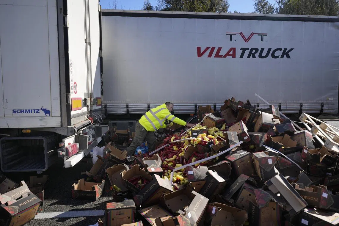 A load of yellow peppers is placed on road as farmers protest with their trucks on the AP-7 highway, the main road that connects Spain and France,  on Feb 27.