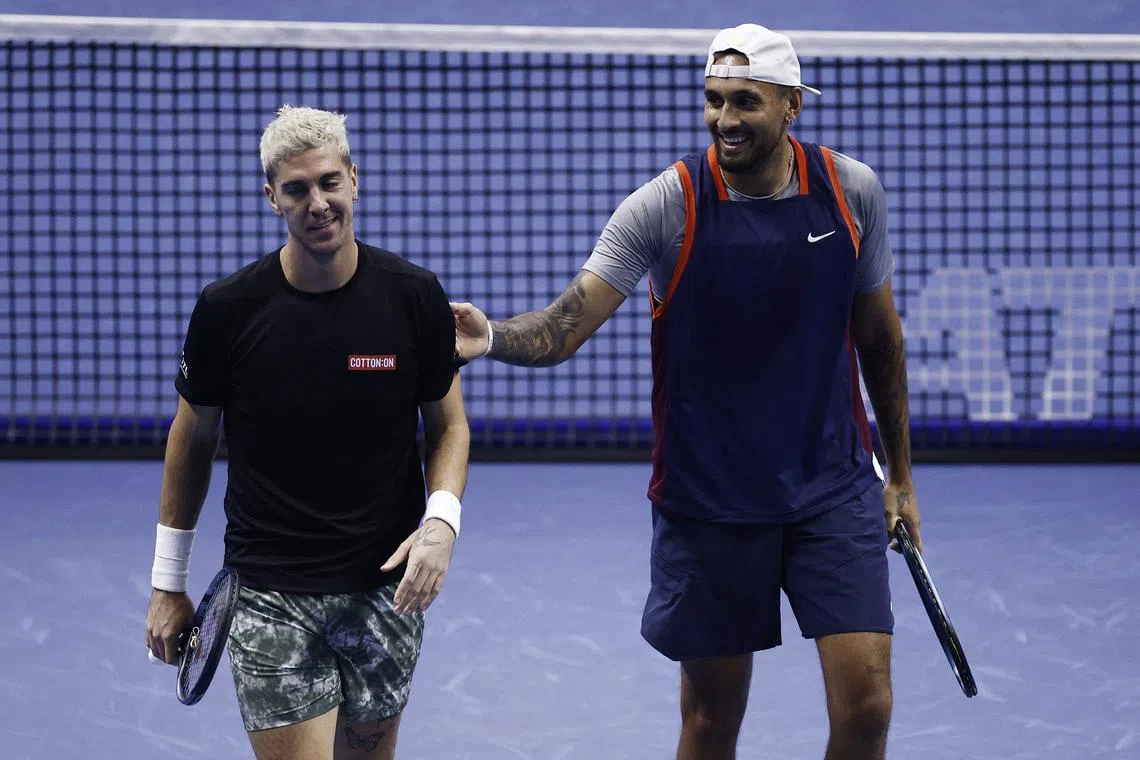 FILE PHOTO: Tennis - ATP Finals Turin - Pala Alpitour, Turin, Italy - November 14, 2022 Australia's Nick Kyrgios and Australia's Thanasi Kokkinakis during the group stage doubles match against Britain's Neal Skupski and Netherlands' Wesley Koolhof REUTERS/Guglielmo Mangiapane/File Photo