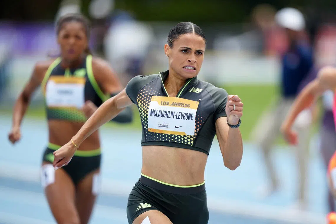 FILE PHOTO: May 18, 2024; Los Angeles, CA, USA; Sydney McLaughlin-Levrone (USA) wins the women's 200m in 22.07 during the USATF Los Angeles Grand Prix at Drake Stadium. Mandatory Credit: Kirby Lee-USA TODAY Sports/File photo