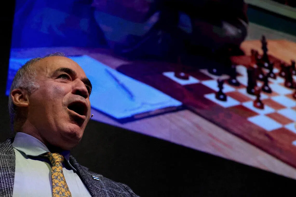 Russian former world chess champion Garry Kasparov speaking to the audience at the Mobile World Congress (MWC) in Barcelona, Spain, on March 3, 2025.