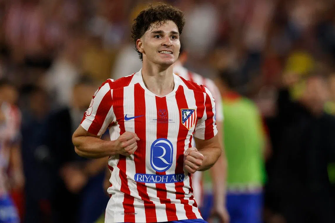 Soccer Football - Copa del Rey - Final - Atletico Madrid v Real Sociedad - Estadio de La Cartuja, Seville, Spain - April 18, 2026 Atletico Madrid's Julian Alvarez celebrates scoring their second goal REUTERS/Marcelo Del Pozo