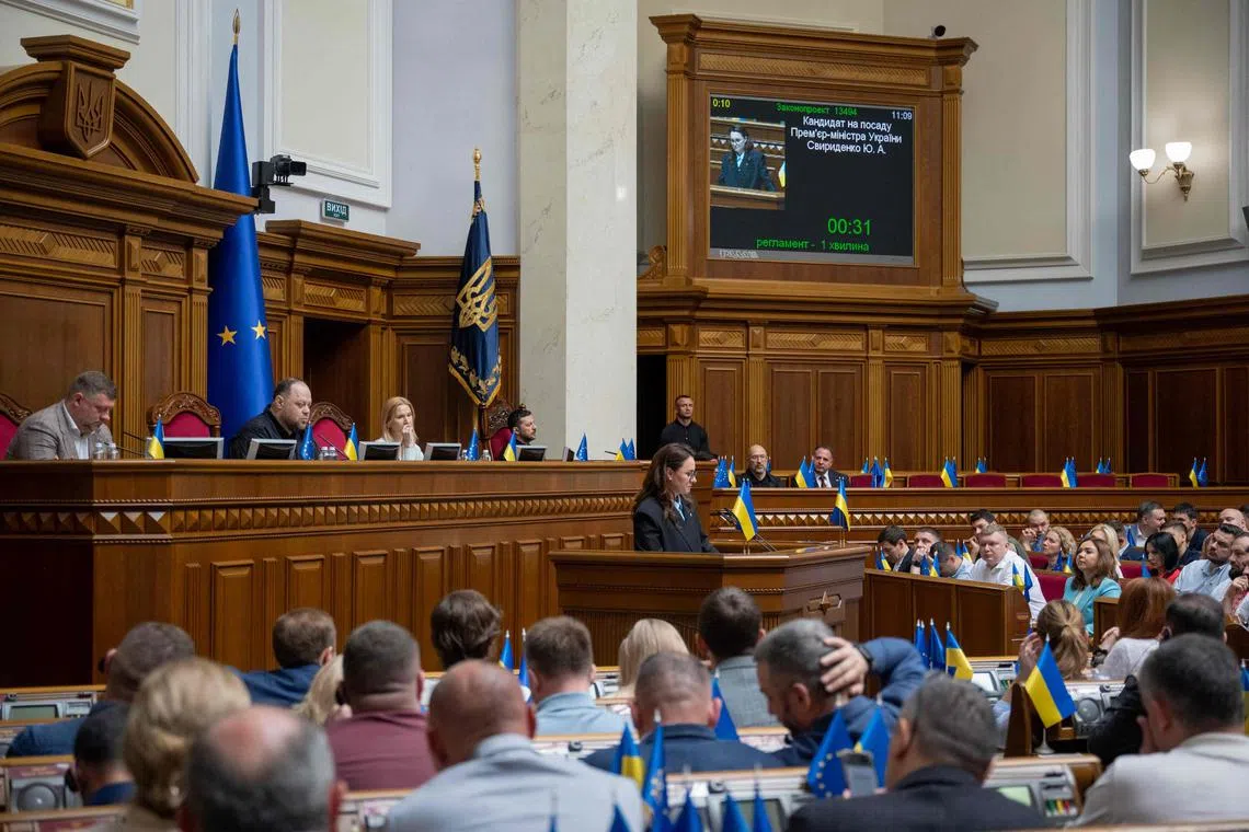 Newly appointed Ukrainian Prime Minister Yulia Svyrydenko attends a session of Ukrainian parliament in Kyiv on July 17, 2025, amid the Russian invasion in Ukraine. (Photo by ANDRII NESTERENKO / AFP)
