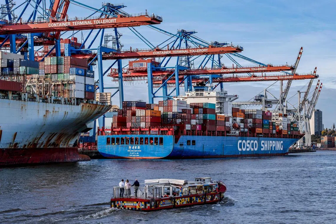 Container ships are unloaded at the Tollerort Container Terminal in the harbour of Hamburg, northern Germany.  (Photo by Axel Heimken / AFP)