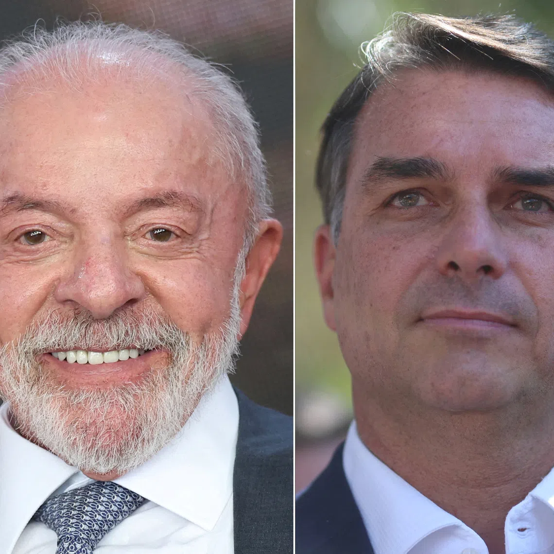 FILE PHOTO: A combination picture of Brazilian President Luiz Inacio Lula da Silva, the Workers' Party (PT) candidate for presidential re-election, attending a ceremony at the Planalto Palace in Brasilia, Brazil, October 13, 2026, and Brazilian presidential candidate Flavio Bolsonaro of the Liberal Party (PL) standing after a meeting with members of the Podemos party, in Brasilia, Brazil, October 8, 2026. REUTERS/Adriano Machado/File Photo