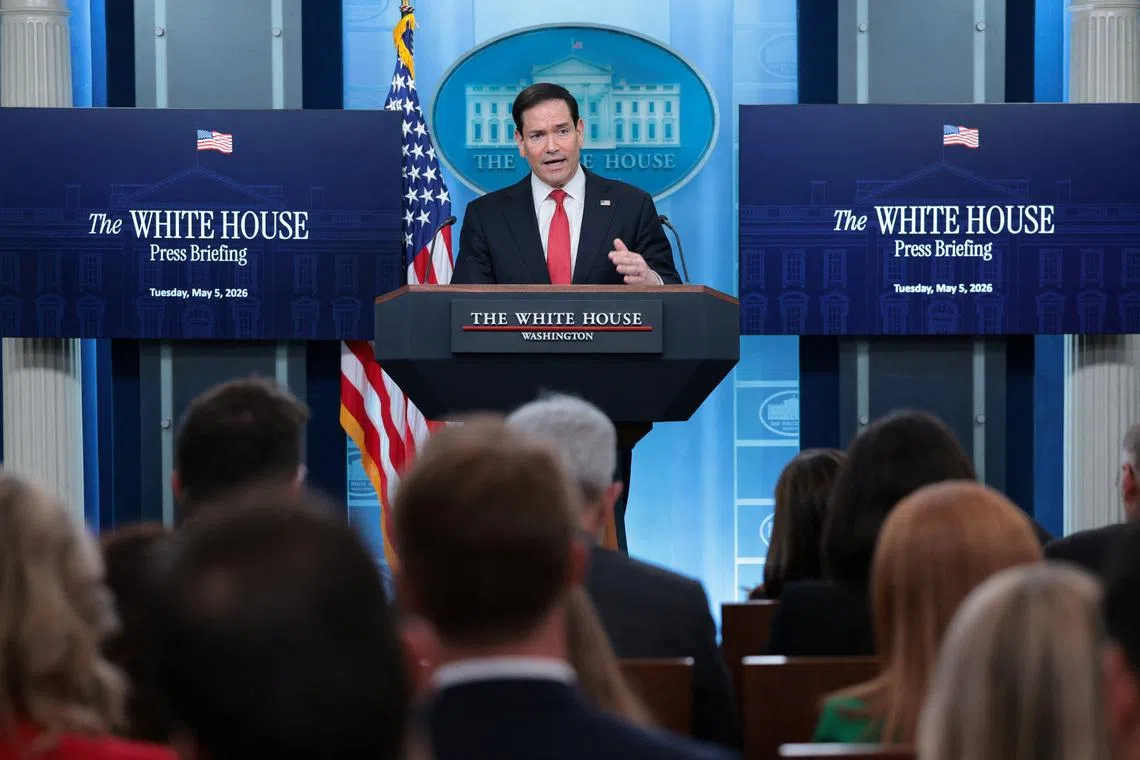 U.S. Secretary of State Marco Rubio speaks during a press briefing in the James S. Brady Press Briefing Room at the White House in Washington, D.C., U.S., May 5, 2026. REUTERS/Kylie Cooper