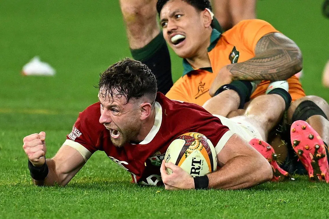British & Irish Lions' fullback Hugo Keenan celebrating after scoring the winning try in the second Test against Australia at the Melbourne Cricket Ground on July 26, 2025. It sealed a 29-26 win and wrapped up the Series 2-0.
