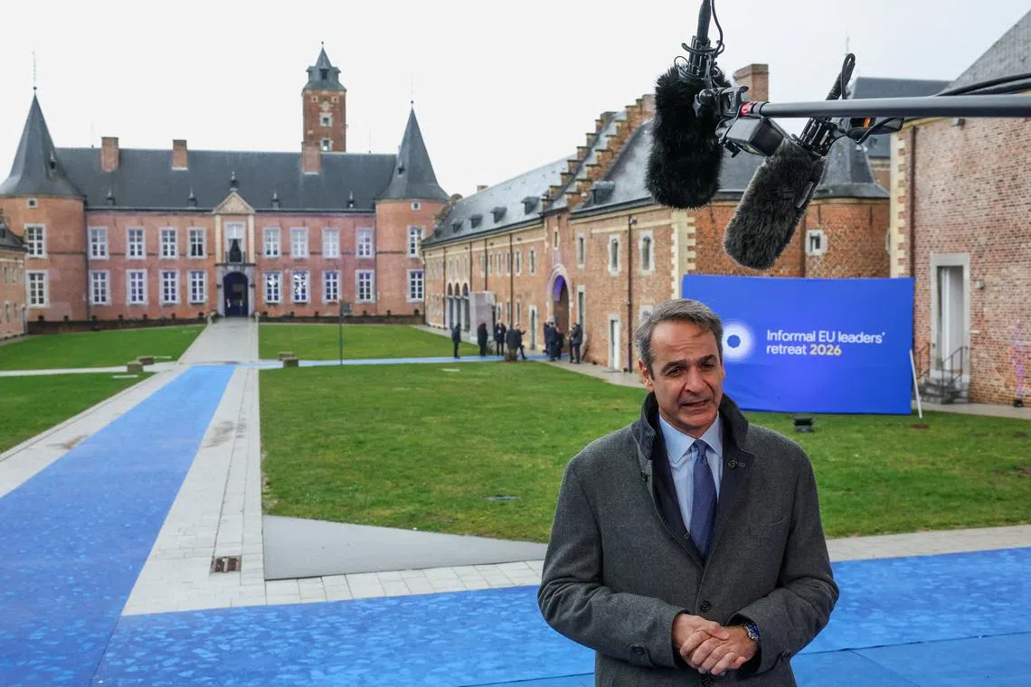 FILE PHOTO: Greece’s Prime Minister Kyriakos Mitsotakis speaks to the media at Alden Biesen castle, on the day of an informal European Union leaders retreat, Belgium, February 12, 2026. REUTERS/Murad Sezer