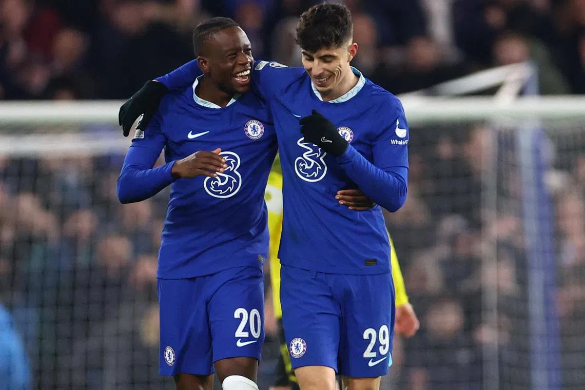 Chelsea's Denis Zakaria and Kai Havertz celebrate after the match.