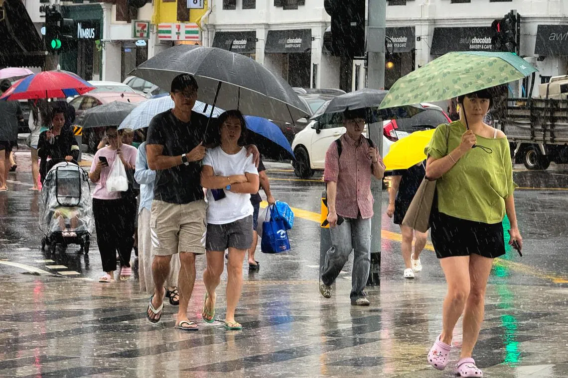 Generic Pictures. People crossing Joo Chiat Road in the rain while holding umbrellas on May 5, 2024.