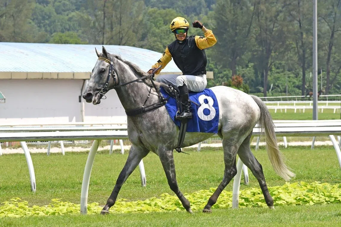 Newly minted Malaysian champion jockey Andre da Silva is pleased as punch as he returns to scale aboard his first 2026 winner, Latin Legend after winning the Klang Valley Metropolitan Stakes (Supreme B - 1,500m) at Sungai Besi on Jan 11.

