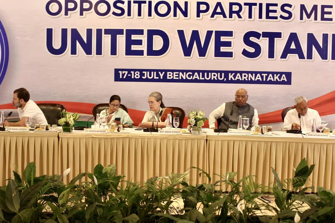 Senior Indian opposition leaders at the Opposition Parties Meet in Bangalore on July 18, 2023.