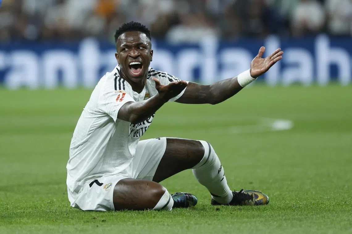 Real Madrid's Vinicius Jr gesturing during his side's 3-2 La Liga win over Deportivo Alaves at the Santiago Bernabeu on Sept 24.  A Mallorca fan who racially abused him was sentenced to a year in prison and issued a three-year stadium ban on Sept 26.