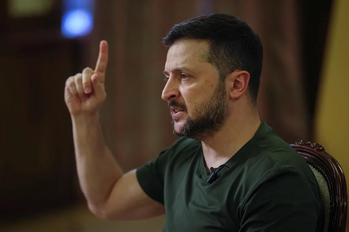 Ukraine's President Volodymyr Zelenskiy speaks during an interview with Reuters, amid Russia's attack on Ukraine, in Kyiv, Ukraine May 20, 2024. REUTERS/Gleb Garanich