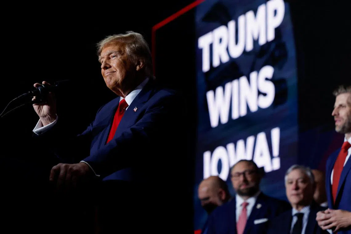 Republican presidential candidate and former US President Donald Trump speaks during his Iowa caucus night watch party in Des Moines, Iowa on Jan 15, 2024.  