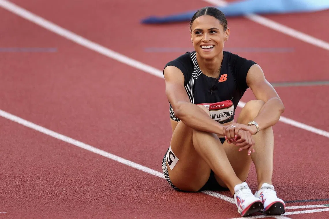 Sydney McLaughlin reacting after winning the Women's 400m final during the 2023 United States national championship at Hayward Field on Saturday in Eugene, Oregon.