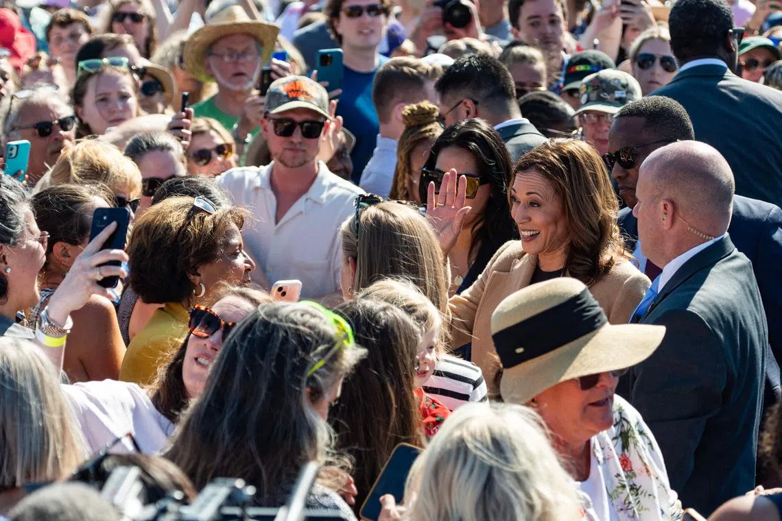 US Vice-President and Democratic presidential candidate Kamala Harris greets attendees at a campaign event in North Hampton, New Hampshire, on Sept 4.
