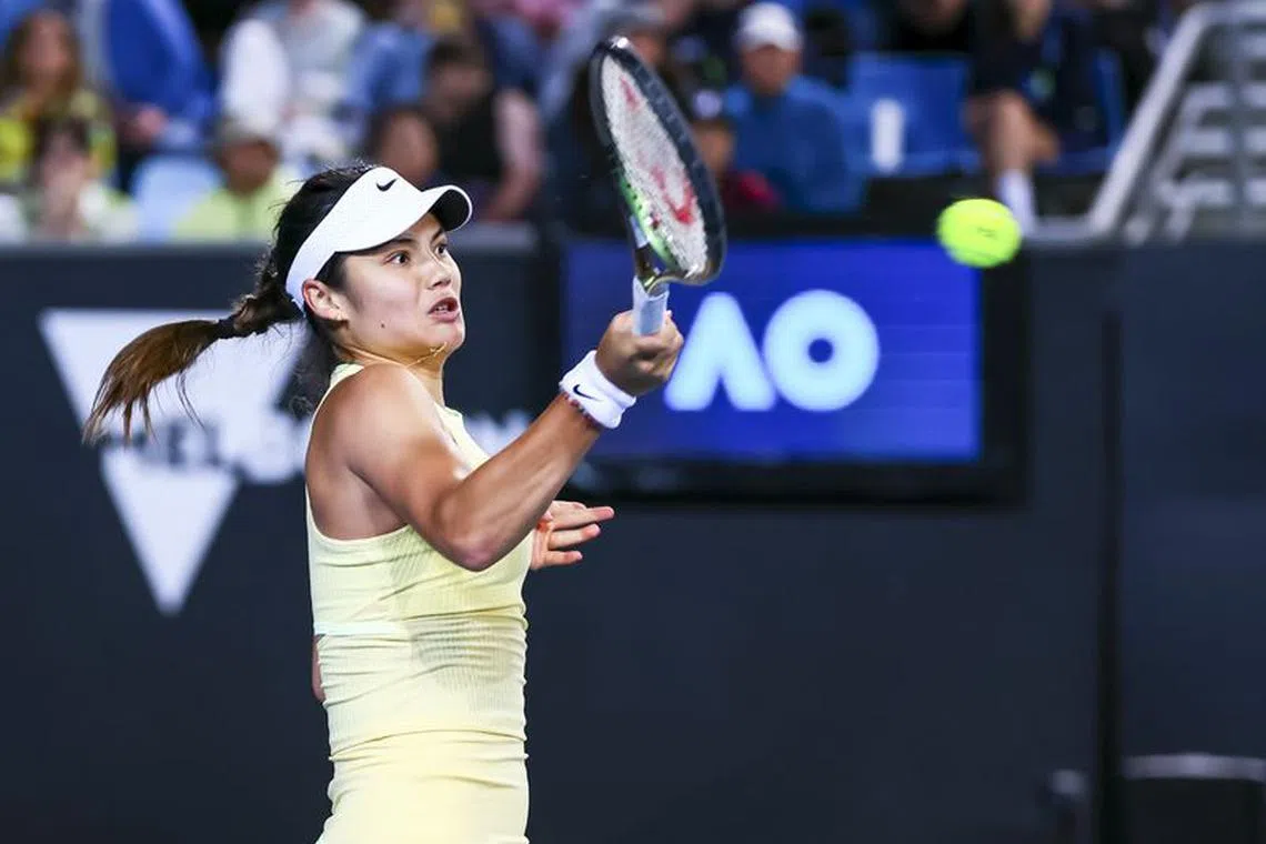 FILE PHOTO: Jan 18, 2024; Melbourne, Victoria, Australia; Emma Raducanu of Great Britain plays a shot against Yafan Wang (not pictured) of China in Round 2 of the Women's Singles on Day 5 of the Australian Open tennis at 1573 Arena. Mandatory Credit: Mike Frey-USA TODAY Sports/File Photo