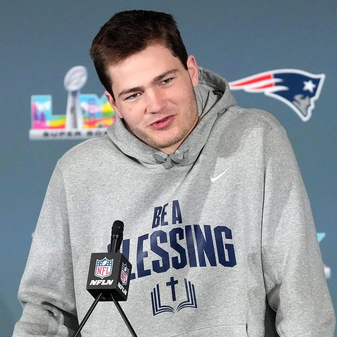 New England Patriots' 23-year-old quarterback Drake Maye addressing the media at the Santa Clara Marriott in the US on Feb 5.