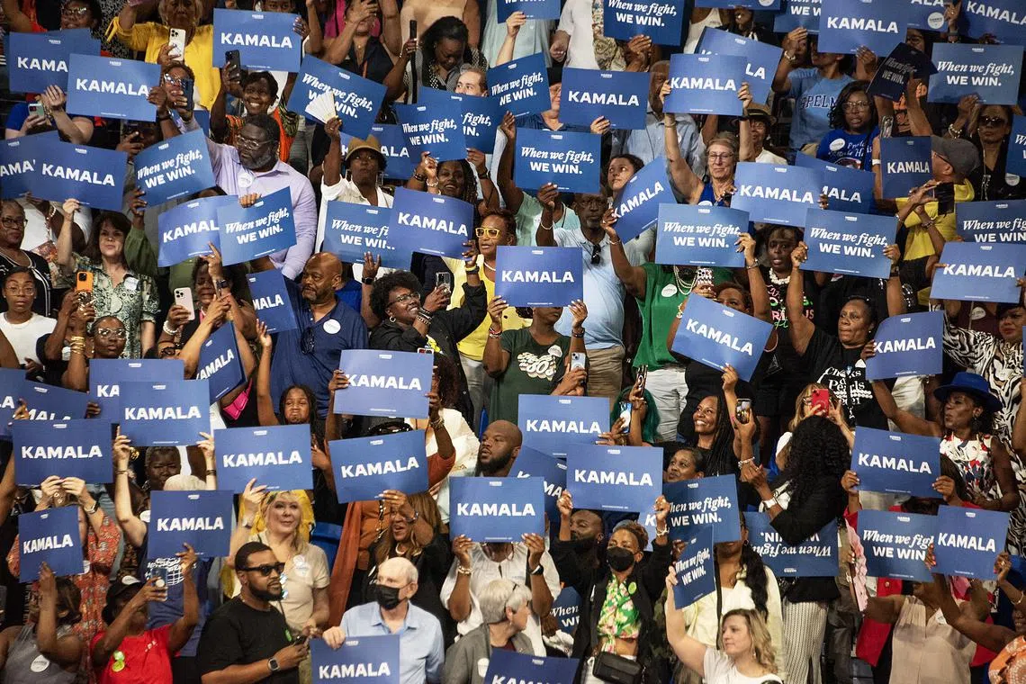 Supporters at a a rally with Vice President Kamala Harris, the presumptive Democratic nominee for president, in Atlanta on Tuesday, July 30.