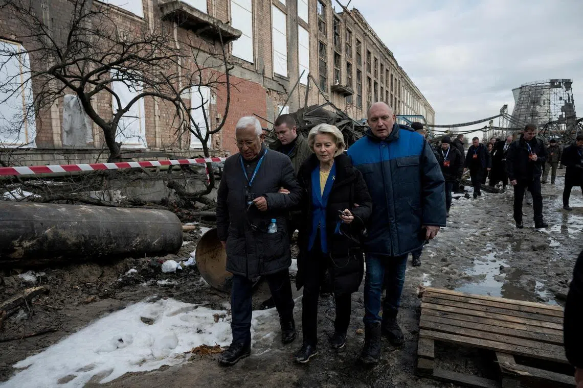 European Commission president Ursula von der Leyen, European Council president Antonio Costa and other EU leaders visiting a power plant, heavily damaged by Russian attacks, in Kyiv, Ukraine, in February 2026.