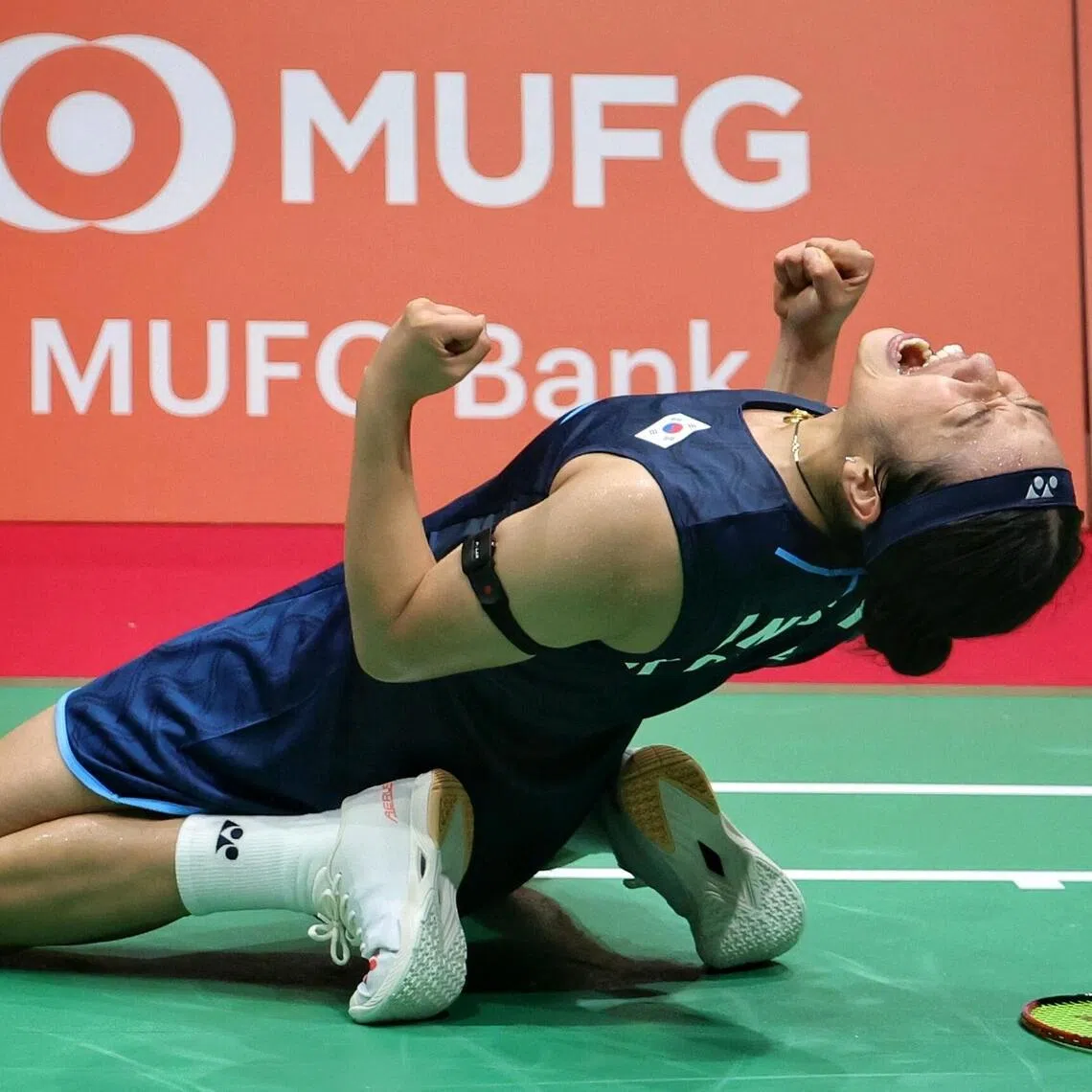An Se-young of South Korea celebrating her win over Akane Yamaguchi of Japan in the Aichi-Nagoya 2026 Asian Games badminton women's singles final match.