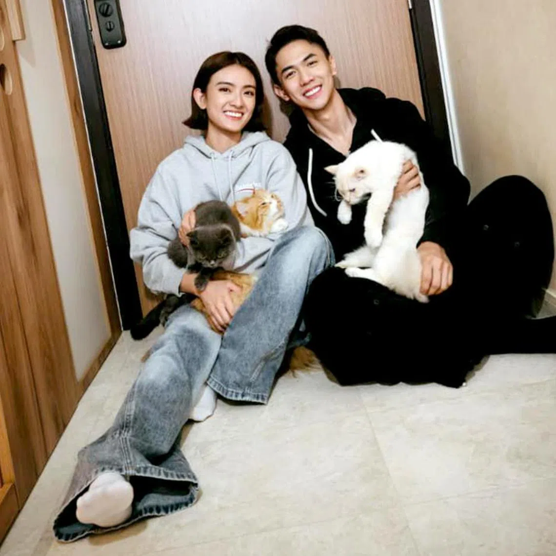 Hong Ling and Nick Teo with their three fur kids, (from right) Zhaocai, Jinbao and Eve.
