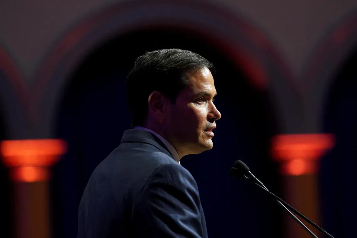 FILE PHOTO: U.S. Secretary of State Marco Rubio speaks at the American Compass fifth anniversary gala at the National Building Museum in Washington, D.C., U.S., June 3, 2025. REUTERS/Nathan Howard/File Photo