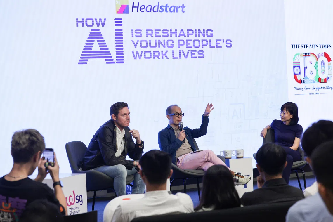 (From left) Panelists Mr Lewis Garrad, Partner and Career Business Leader of Mercer Singapore; Mr Brandon Lee, Assistant Chief Executive of Transformation Support Group, Workforce Singapore; and moderator, Krist Boo, Senior Business Correspondent at The Straits Times in a panel discussion on Sept 6.