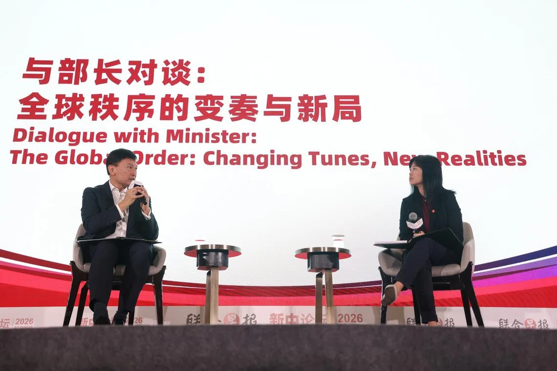 Minister for National Development Chee Hong Tat during a dialogue with Lianhe Zaobao editor Ang Yiting at the Lianhe Zaobao Singapore-China Forum 2026 on July 6.