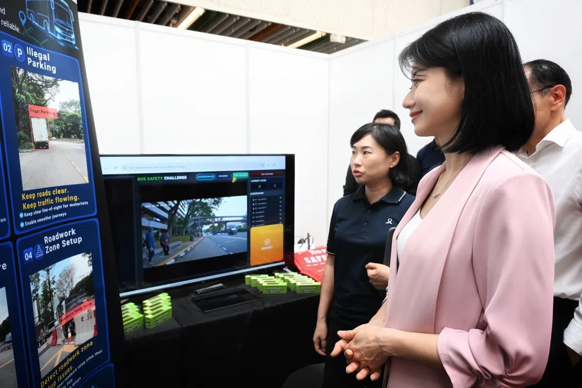 Senior Minister of State for Transport Sun Xueling visiting the LTA booth that demonstrates the use of Artificial Intelligence in their new system at the LTA Annual Public Safety & Security Awards and Bus Safety Roadshow on Aug 21, 2026.