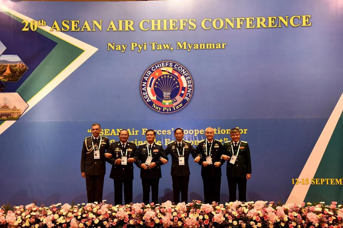 epa10859685 A handout photo made available by the Myanmar military information team shows Myanmar's Air Force chief General Htun Aung (3-R) posing for group photos with his counterparts during the 20th ASEAN Air Chief Conference in Naypyitaw, Myanmar, 13 September 2023 (issued 14 September 2023). Myanmar is hosting the 20th ASEAN Air Chief Conference (AACC) in Naypyitaw from 12 September 2023 to 15 September 2023. Air Force chiefs from Brunei, Cambodia, Laos, Thailand and Vietnam attended the meeting, according to the Myanmar military information team.  EPA-EFE/Myanmar military information team / HANDOUT  HANDOUT EDITORIAL USE ONLY/NO SALES