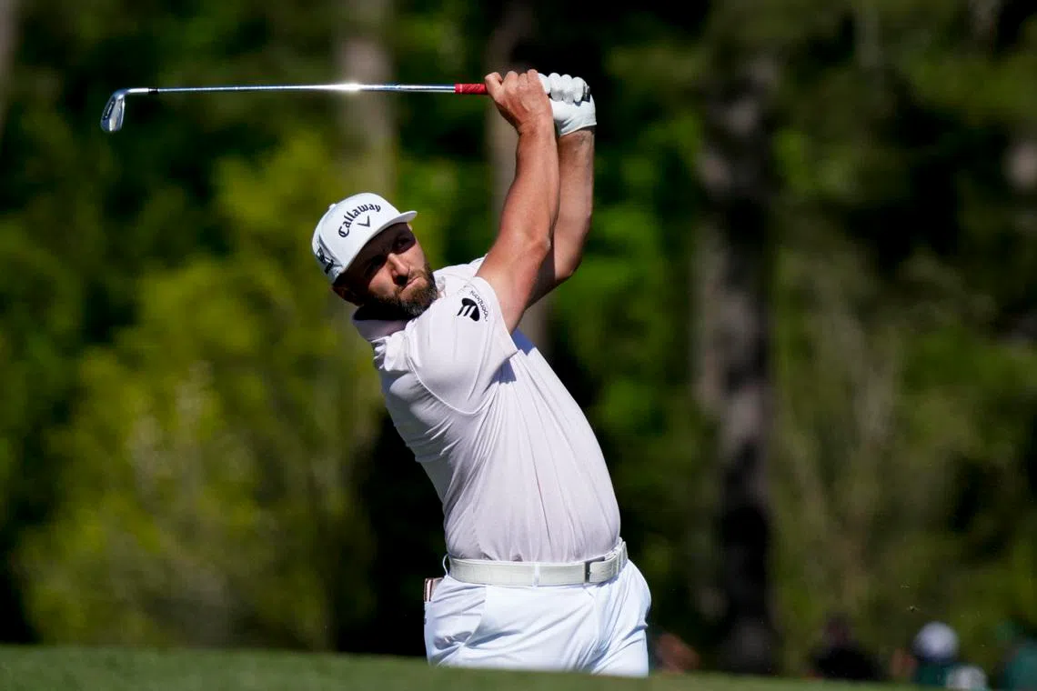 Apr 9, 2026; Augusta, Georgia, USA; Jon Rahm tees off on the 12th hole during the first round of the Masters Tournament at Augusta National Golf Club. Mandatory Credit: Grace Smith-Imagn Images