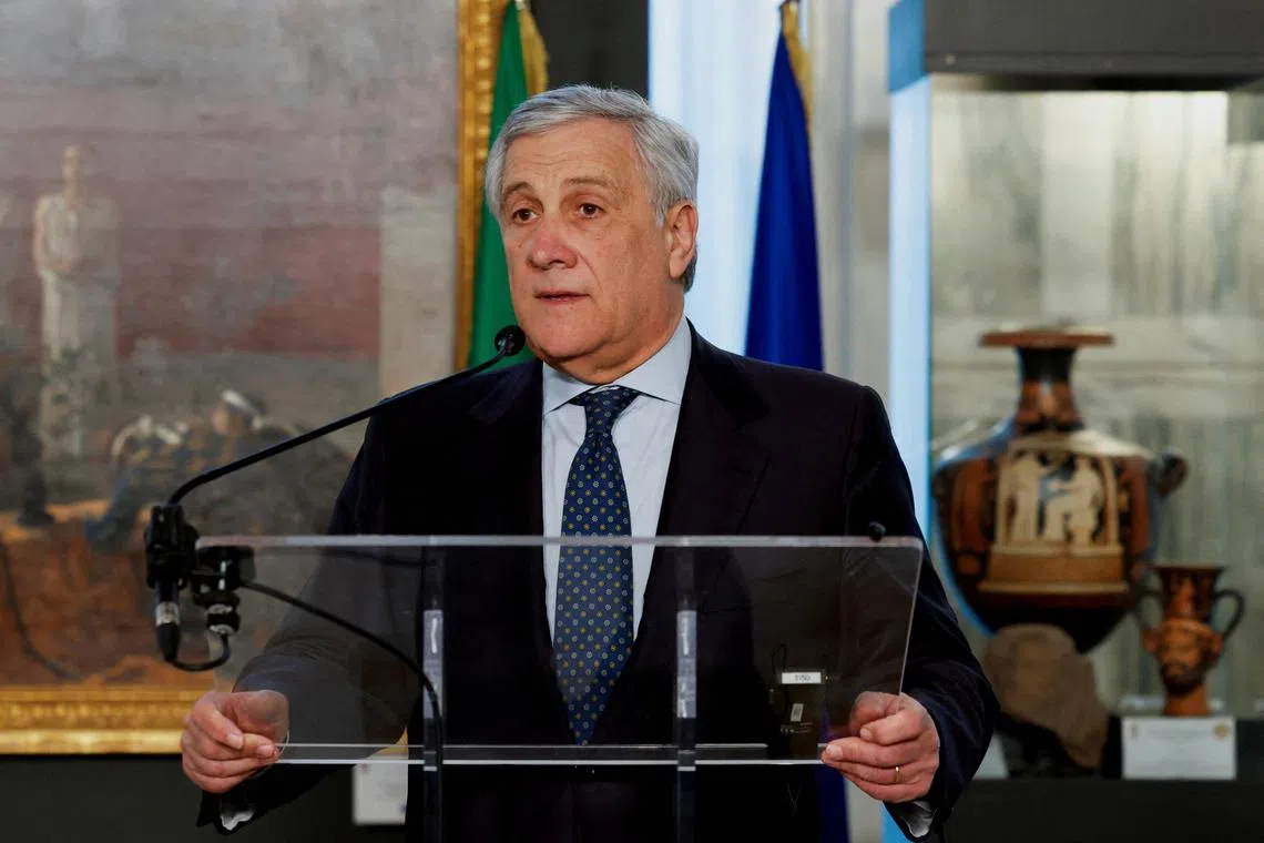FILE PHOTO: Italian Foreign Minister Antonio Tajani holds a press conference with British Foreign Secretary David Cameron (not pictured) after attending the 16th Conference of Italian Ambassadors in the World, in Rome, Italy December 19, 2023. REUTERS/Remo Casilli
