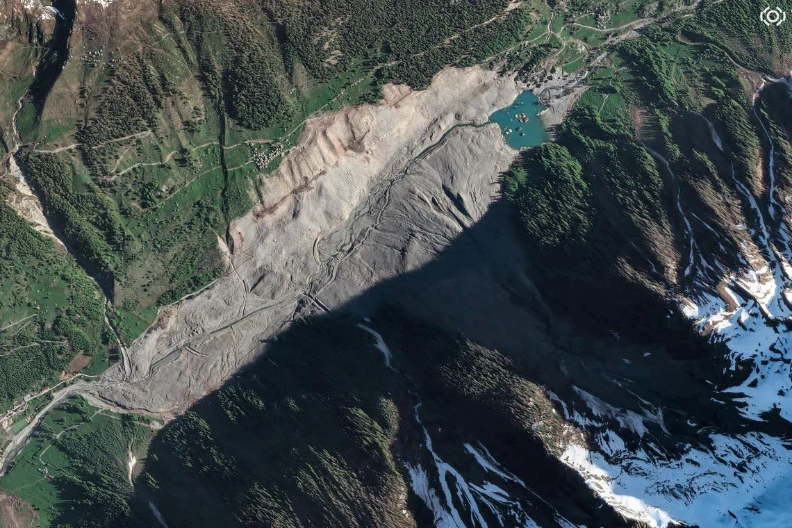 A satellite image shows Blatten, Switzerland, nearly a year after the glacier collapse on May 21.