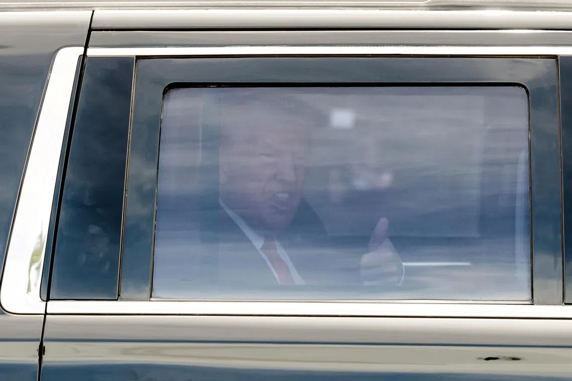 US former President Donald Trump giving a thumbs up from his car as he arrives to Trump National Doral Miami golf course the day before his scheduled federal court appearance in Doral, Florida, USA on June 12, 2023. Trump is facing multiple federal charges stemming from an US Justice Department investigation led by Special Counsel Jack Smith related to the former president’s alleged mishandling of classified national security documents and is scheduled to turn himself into authorities on Tuesday in Miami. 