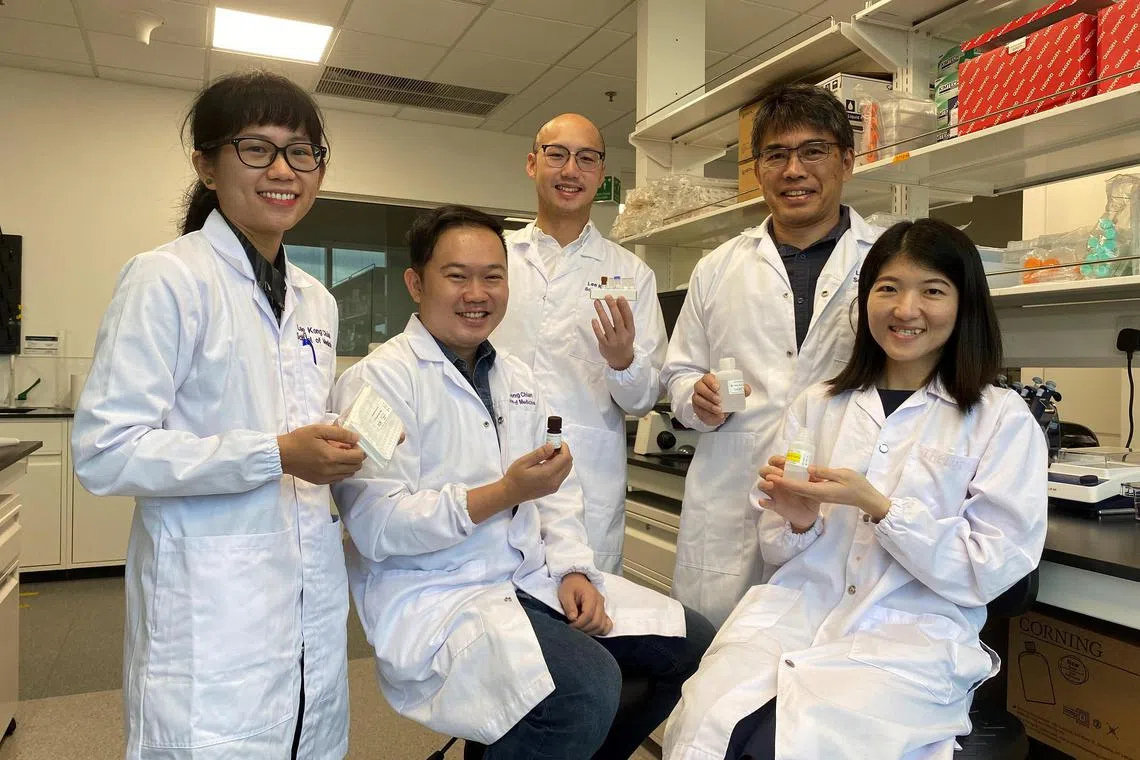 The team of scientists and clinicians  that discovered two compounds in blood that could identify patients at risk of severe dengue: (L-R) Asst Prof Chia Po Ying, Consultant at National Centre for Infectious Diseases (NCID) and National Healthcare Group-NTU Clinician Scientist Fellow at NTU’s LKCMedicine; Dr Andrew Teo, Dean's Postdoctoral Fellow from NTU’s LKCMedicine; Dr Trevor Tan, Senior Resident at NCID and Department of Infectious Diseases at TTSH; Assoc Prof Yeo Tsin Wen from the NTU’s LKCMedicine; and Ms Diong Shiau Hui, Research Assistant at NCID and Department of Infectious Diseases at TTSH.

Copyright: NTU Singapore