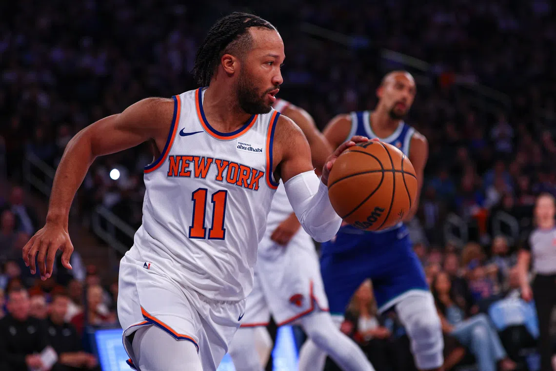 Oct 12, 2026; New York, New York, USA;  New York Knicks point guard Jalen Brunson (11) dribbles during the first quarter against the Minnesota Timberwolves at Madison Square Garden.  Mandatory Credit: Vincent Carchietta-Imagn Images