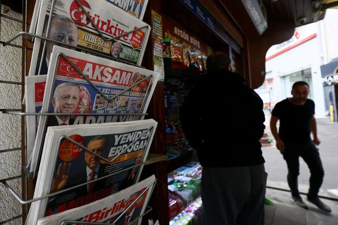 FILE PHOTO: A view of newspapers on a stand at a shop, following the results of the second round of the presidential election, in Ankara, Turkey May 29, 2023. REUTERS/Yves Herman/File Photo