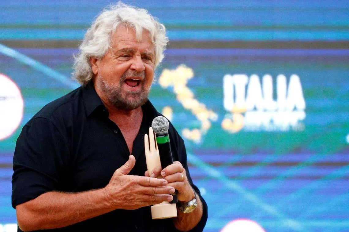 FILE PHOTO: Founder Beppe Grillo speaks at the 5-Star Movement party's open-air rally at Circo Massimo in Rome, Italy, October 21, 2018. REUTERS/Max Rossi/File Photo